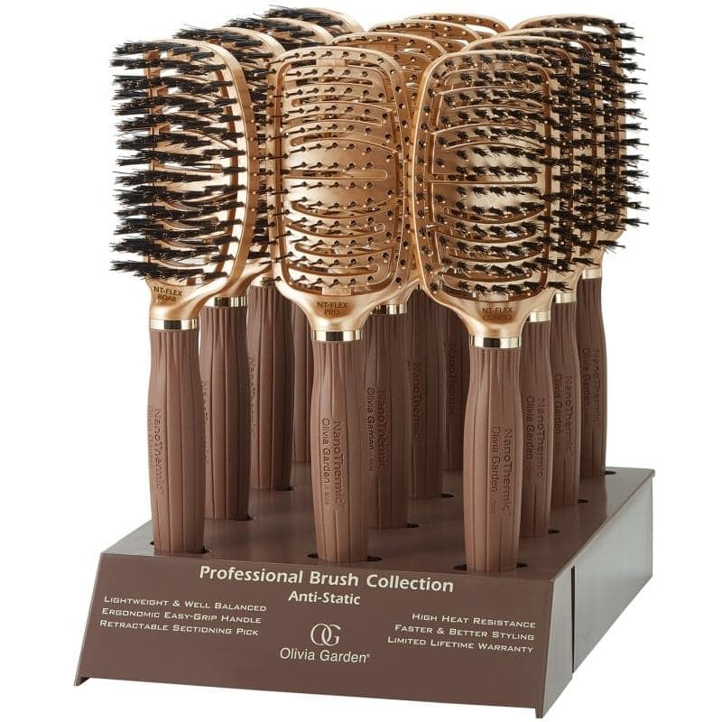 Olivia Garden NanoThermic Ceramic & Ion Flex Paddle Brush Display: 12 Brushes & Stand