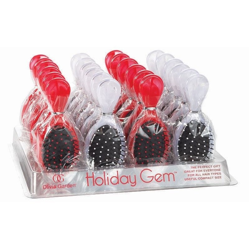 Olivia Garden Holiday Gem Red/White Mini Cushion Brush Display: 24 Brushes & Stand