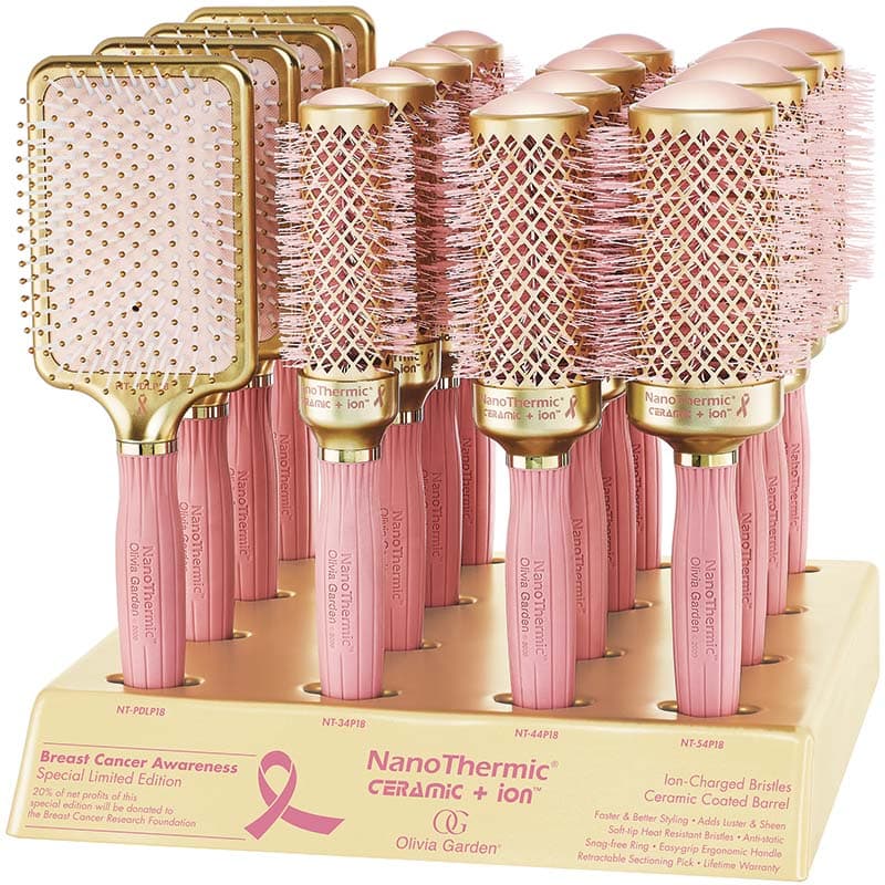 Olivia Garden NanoThermic Ceramic & Ion Breast Cancer Awareness Gold & Pink Brush Display: 16 Brushes & Stand