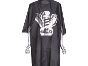Barber Cape Black with Stripes, Barbershop Centre Design & Armholes, Studs