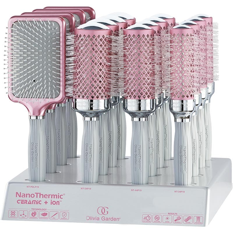 Olivia Garden NanoThermic Ceramic & Ion Breast Cancer Awareness Pink & Grey Brush Display: 16 Brushes & Stand