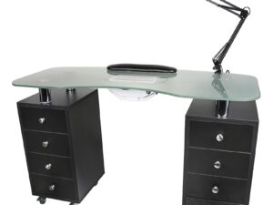 Table Manicure, Black with Glass Top, Lamp, Extractor & 2 Cupboards