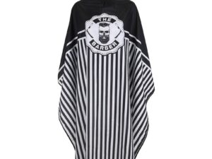 Barber Cape Black & White Stripes with Centre Barbershop Design, Studs