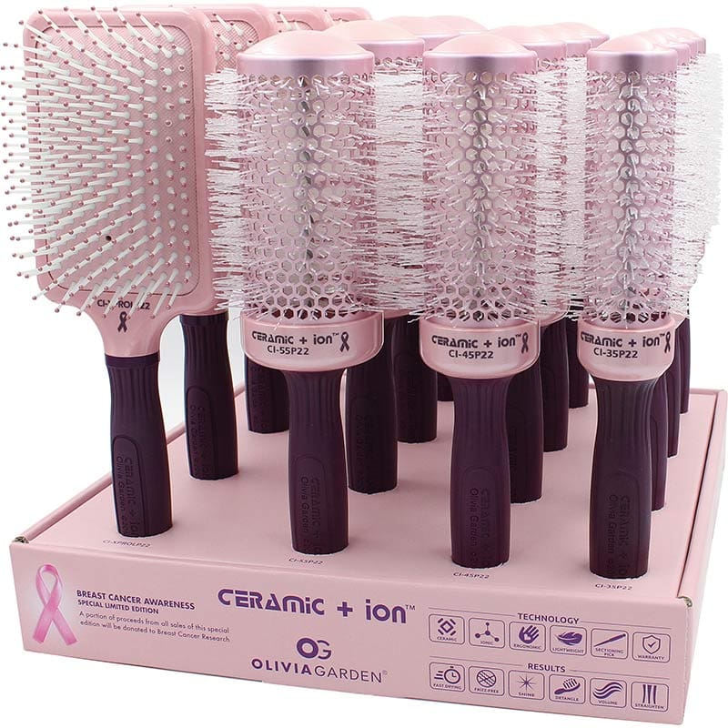 Olivia Garden Ceramic & Ion Thermal Breast Cancer Awareness 2022 Brush Display: 16 Brushes & Stand
