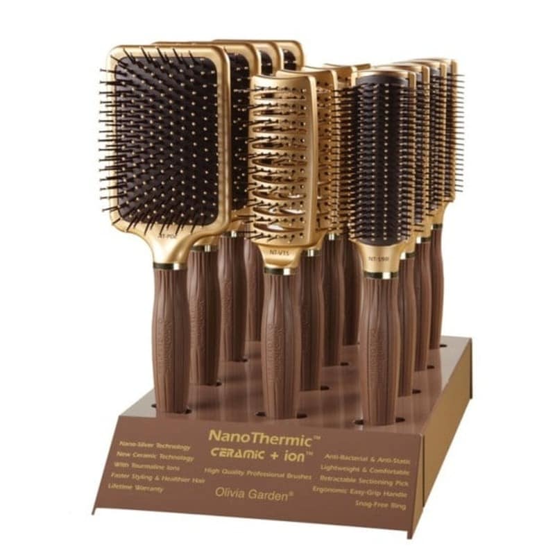 Olivia Garden NanoThermic Ceramic & Ion Vent, Styler & Paddle Brush Display: 12 Brushes & Stand