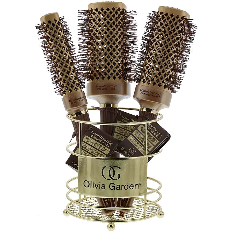 Olivia Garden NanoThermic Ceramic & Ion Square Barrel Display: 3 Brushes & Basket