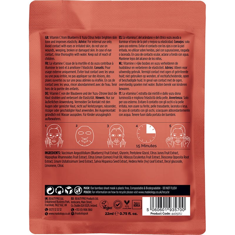 Maskology Professional Facial Sheet Mask – Brightening Vitamin C, 1/Pack - Image 2
