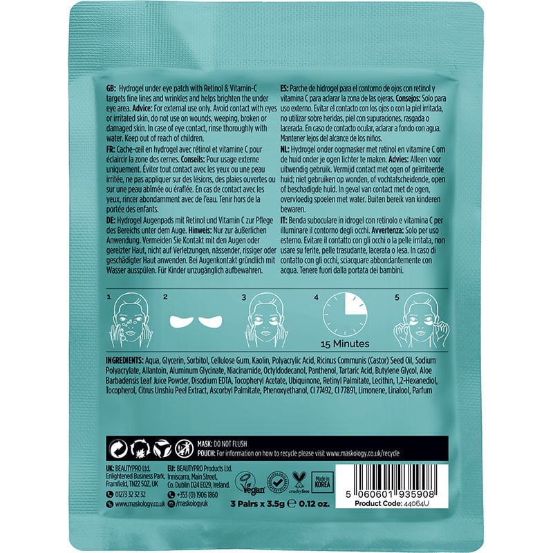 Maskology Professional Under Eye Mask – Brightening Retinol + Vitamin C, 3 Pairs - Image 2